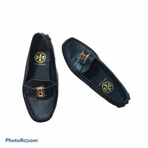 Tory Burch Kira Leather Driving Loafers Black Gold